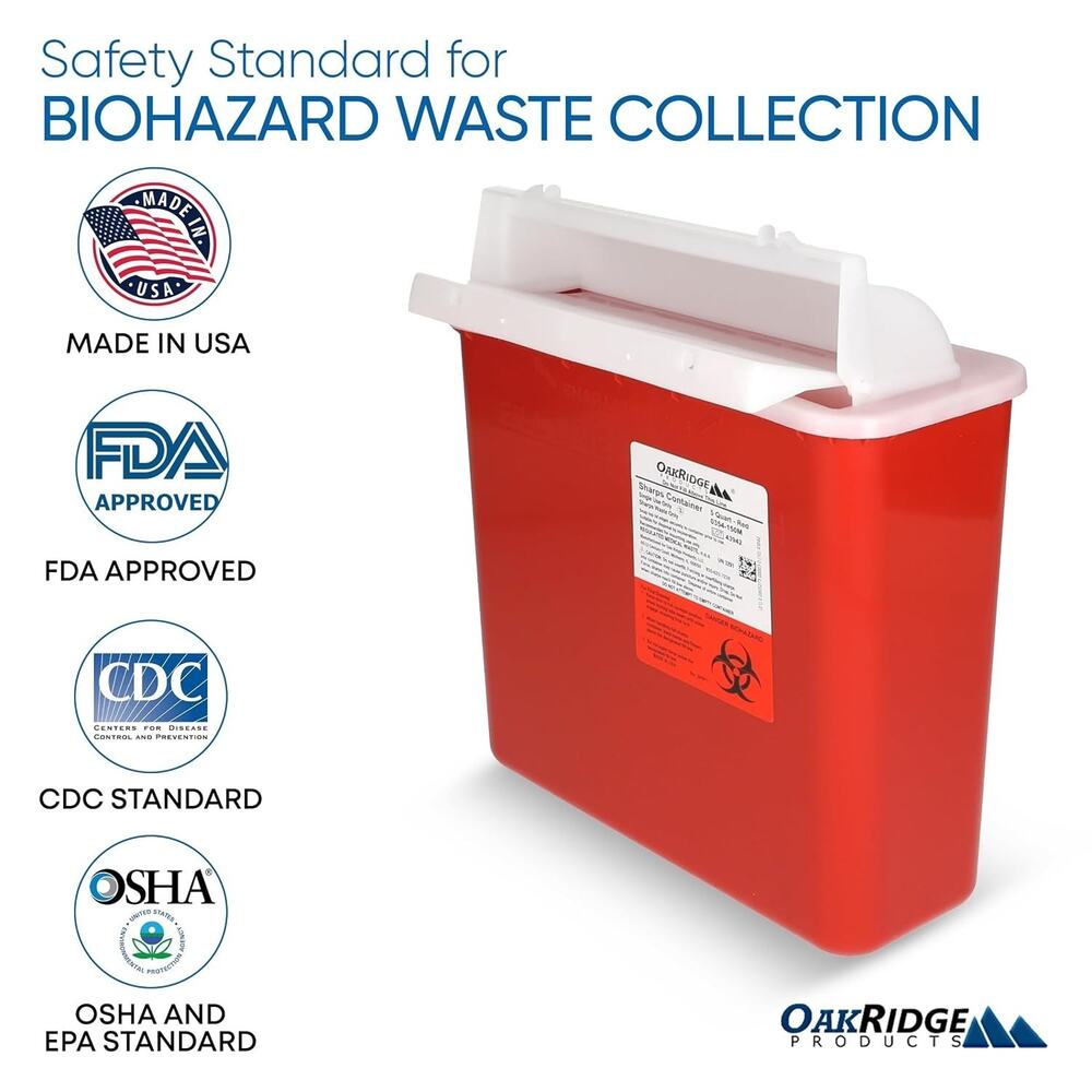 Oakridge Products 5 Quart Sharps Disposal Container w Horizotal Drop Lid M-Style